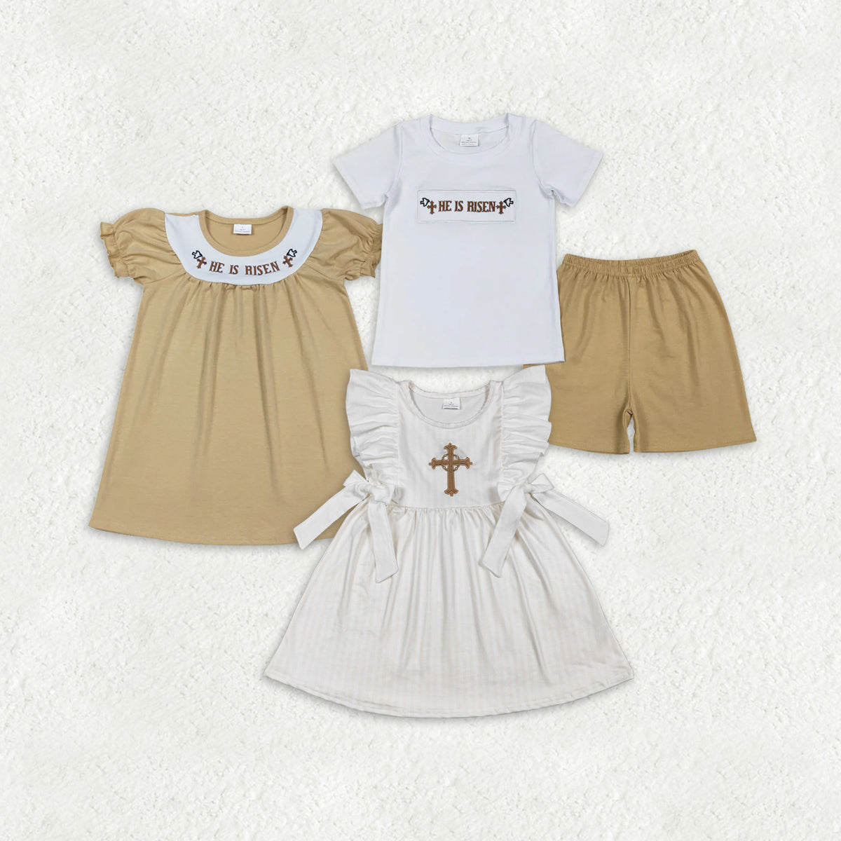 Sibling Baby Boys Girls Embroidery Cross He is Risen Shorts Clothes Set Knee Length Dresses