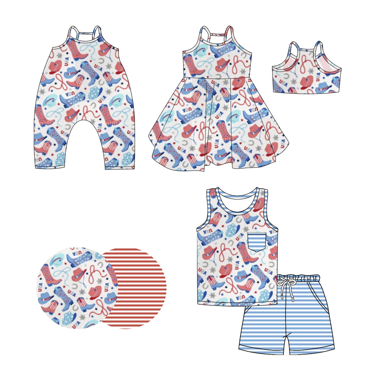 Preorder moq 5 Custom Baby Girls Sleeveless Blue Red Boots Stars Top Stripe Pockets Short 4th Of July Set Strap Knee Length Dress Rompers