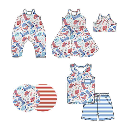 Preorder moq 5 Custom Baby Girls Sleeveless Blue Red Boots Stars Top Stripe Pockets Short 4th Of July Set Strap Knee Length Dress Rompers