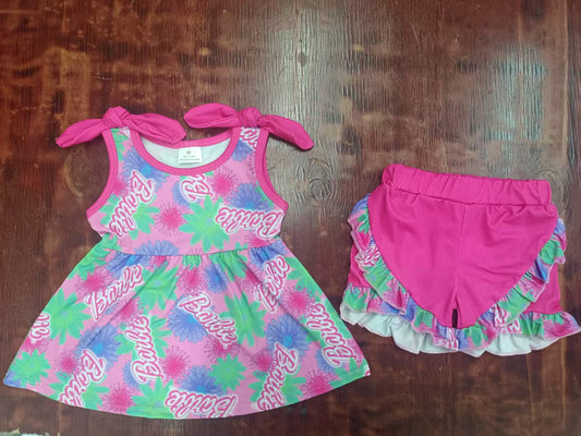 Preorder moq 5 Baby Girls Pink Bows Sleeveless Cartoon Dolls Flowers Tunic Pockets Ruffle Short Set