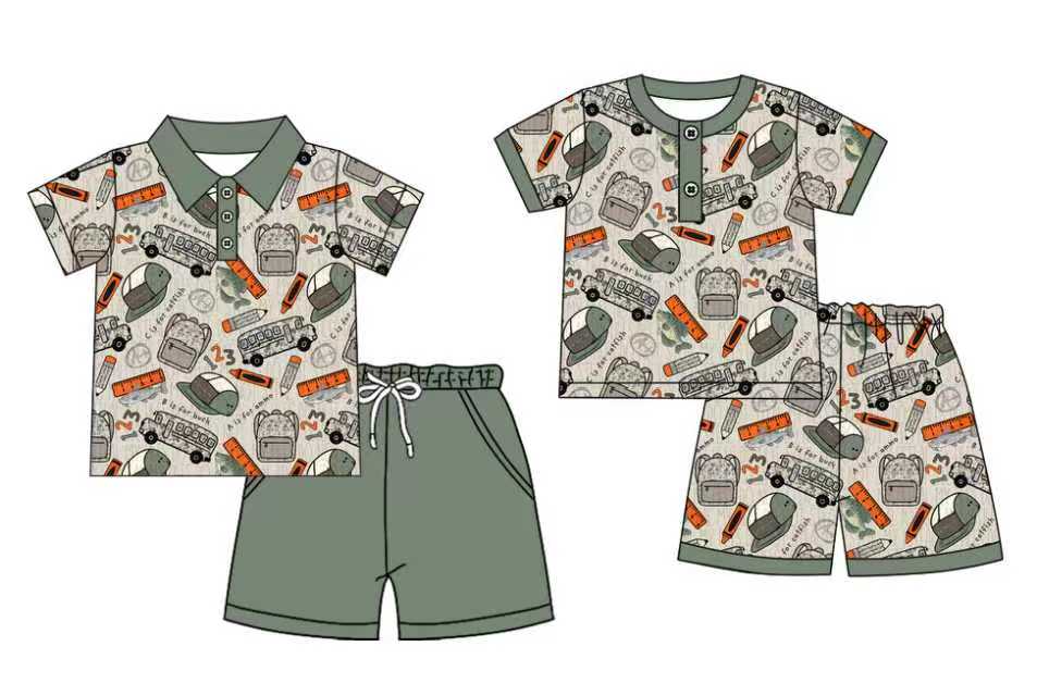 Preorder moq 5 (each item)Baby Boys Pencils Bags Button Top Shorts Back to School Pajamas Clothes Sets