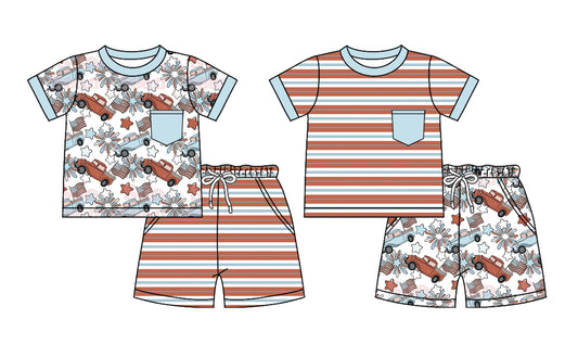 Preorder moq 5 Custom Baby Boys Short Sleeves Flags Fireworks Pockets Top Short 4th Of July Set