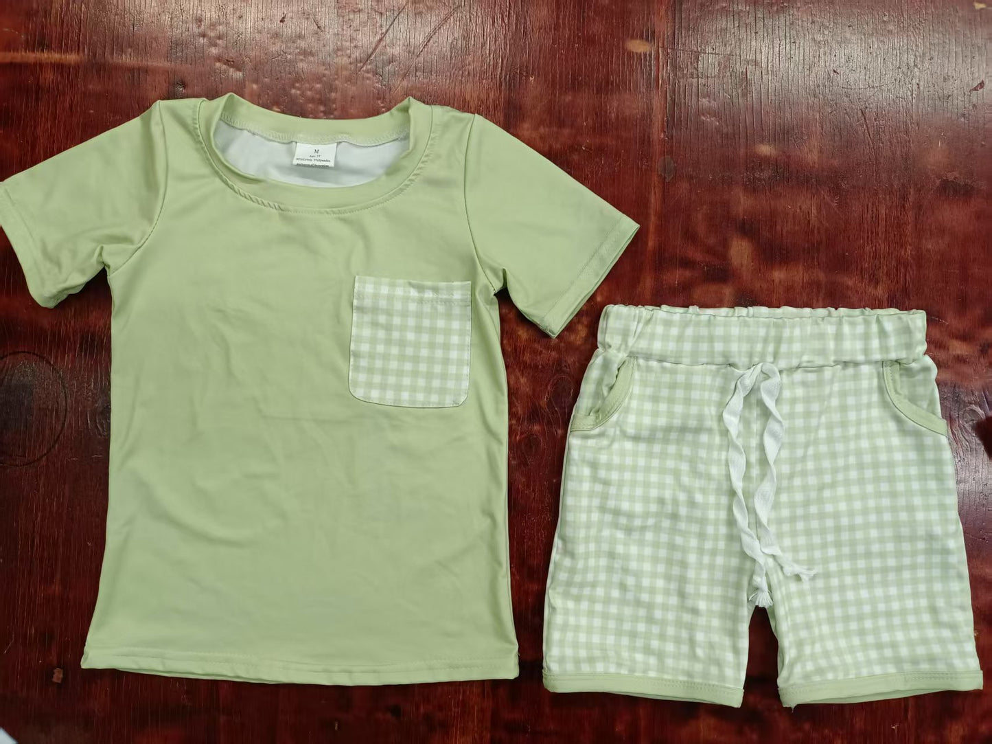 Preorder moq 5 Baby Boys Short Sleeves Aqua Pocket Top Plaid Pockets Short Set