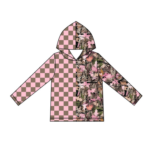 Preorder (moq 5) Girls Pink Checkered Camouflage Hooded Long Sleeve Tops