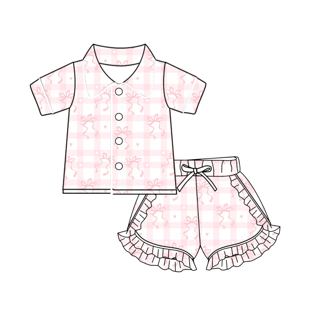 Baby Girls Pink Checkered Bows Buttons Top Ruffle Shorts Pajamas Sets preorder(MOQ 5)