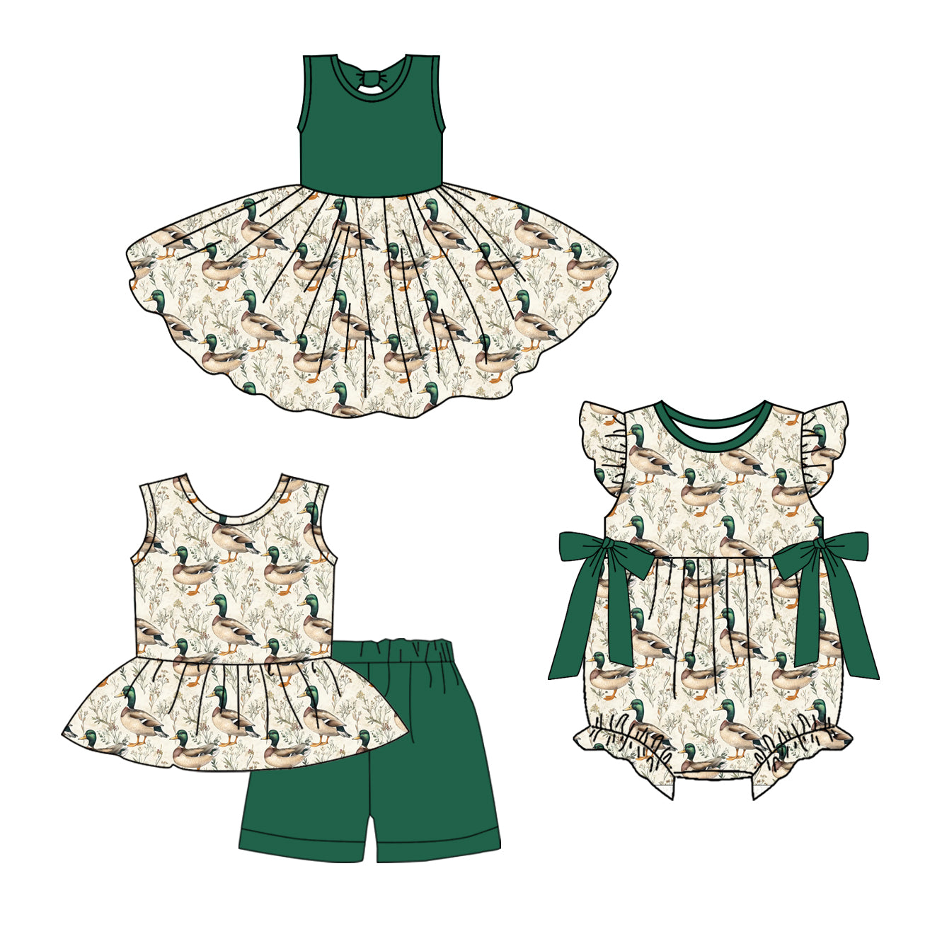 Preorder moq 5 Custom Baby Girls Dark Green Sleeveless Ducks Tunic Short Set Knee Length Dress Ruffle Romper