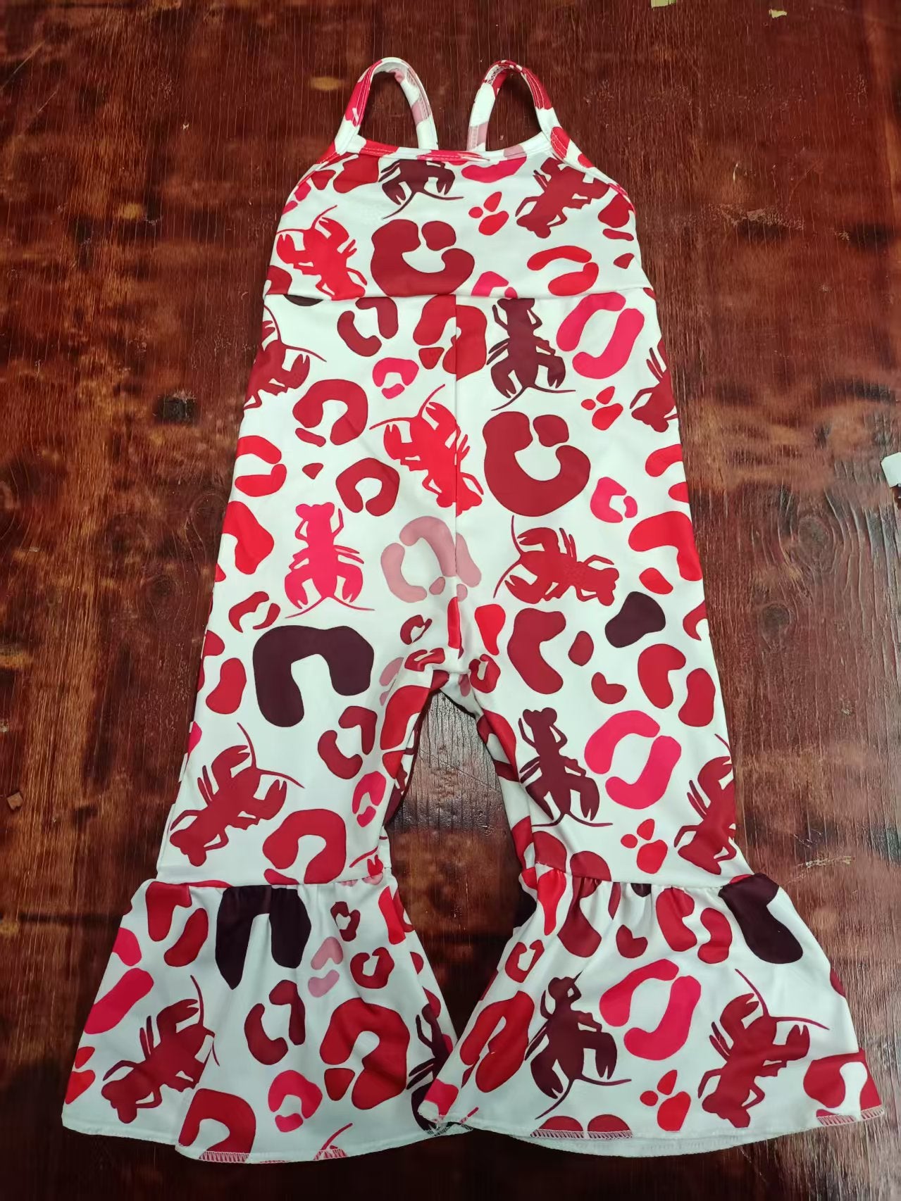Preorder moq 5 Baby Girls Strap Red Crayfishes Leopard Ruffle Jumpsuits