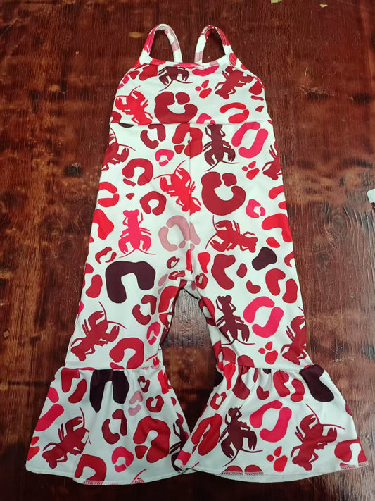 Preorder moq 5 Baby Girls Strap Red Crayfishes Leopard Ruffle Jumpsuits