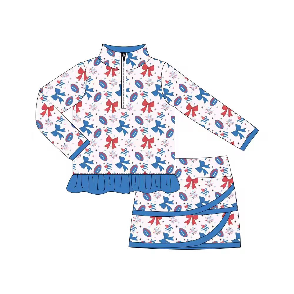 Preorder (moq 5)Baby Girls Footballs Fireworks Zip Ruffle Pullover Skirt Shorts Team Clothes Sets