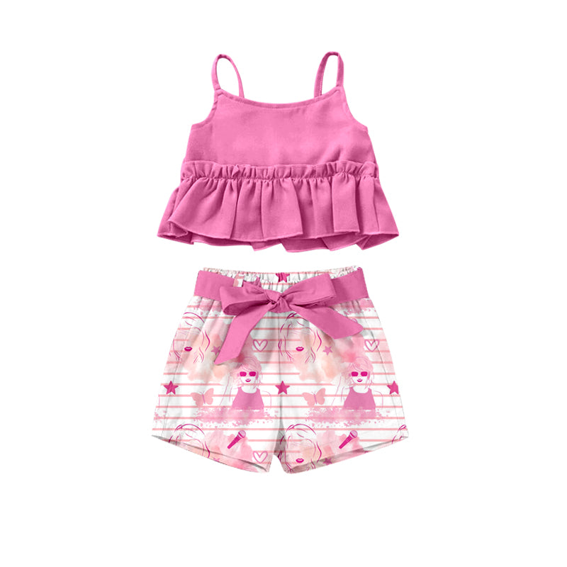 Baby Girls Pink Straps Top Singer Belt Shorts Clothes Sets Preorder(moq 5)