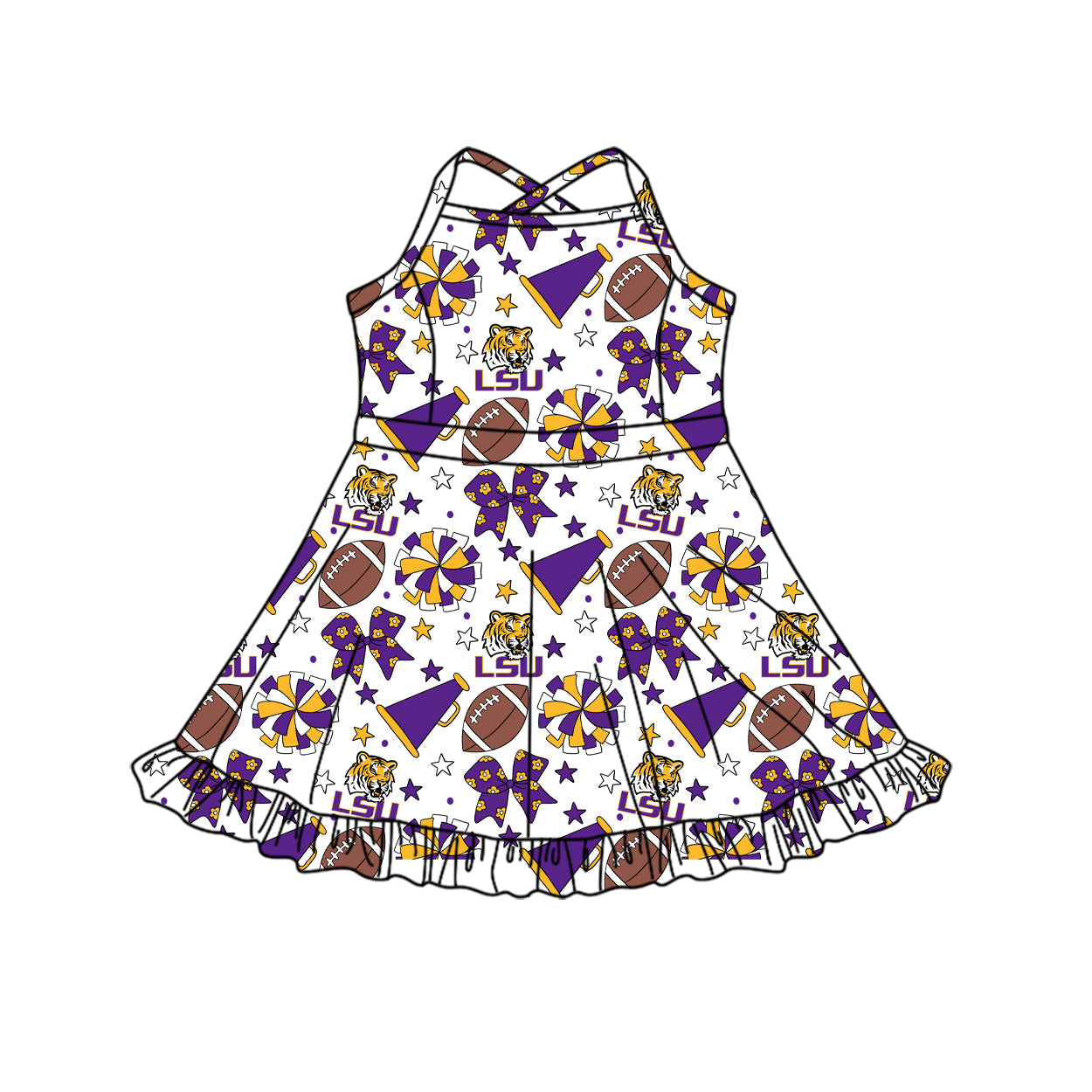 Preorder (moq 5)Baby Girls Strap Bows Stars Footballs Team Shorts Ruffle Knee Length Dress