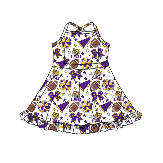 Preorder (moq 5)Baby Girls Strap Bows Stars Footballs Team Shorts Ruffle Knee Length Dress