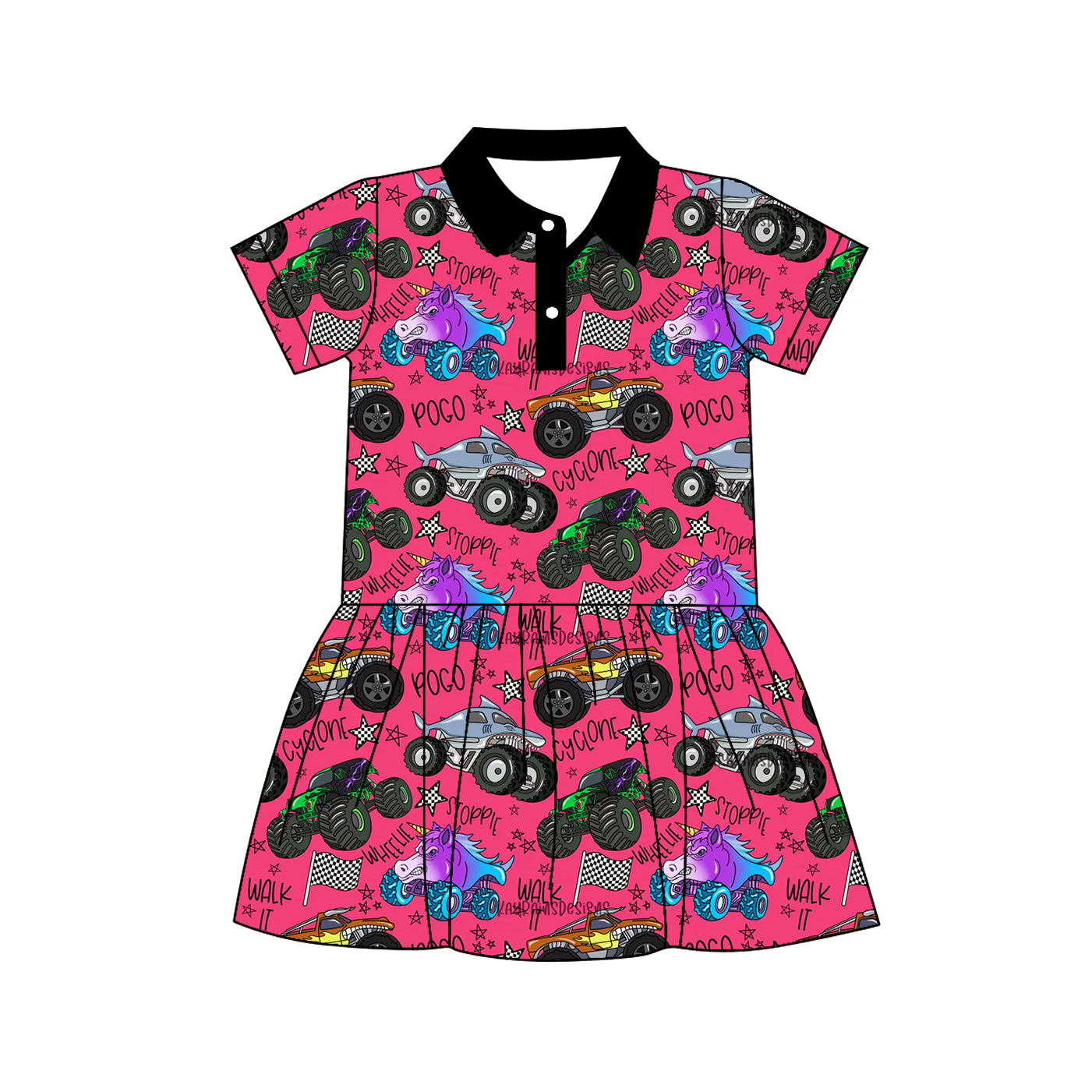 Preorder (moq 5)Baby Girls Short Sleeve Cartoon Cars Motors Button Knee Length Dresses