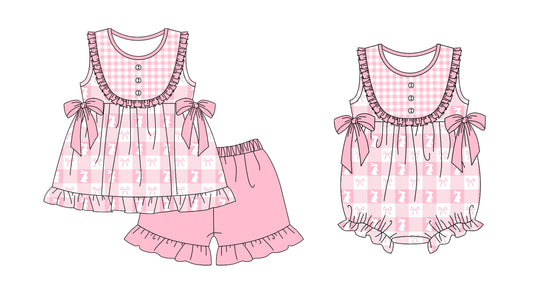 Preorder(moq 5 each)Sibling Baby Girls Easter Checkered Rabbits Tunic Top Shorts Bows Rompers Clothes Sets