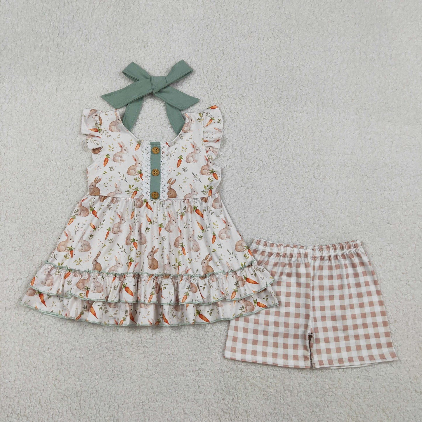 Baby Girls Carrot Rabbits Button Strap Tunic Checked Shorts Easter Clothes Sets