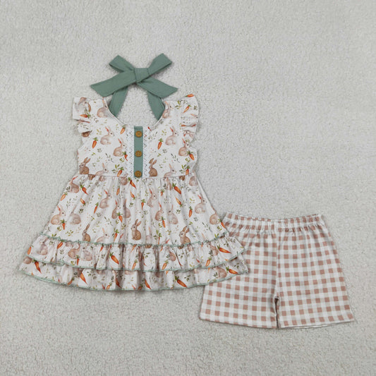 Baby Girls Carrot Rabbits Button Strap Tunic Checked Shorts Easter Clothes Sets