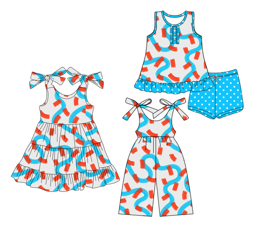 Preorder moq 5 Custom Baby Girls Blue Red Stripe Button Tunic Polka Dots Short Set Knee Length Dress Jumpsuits