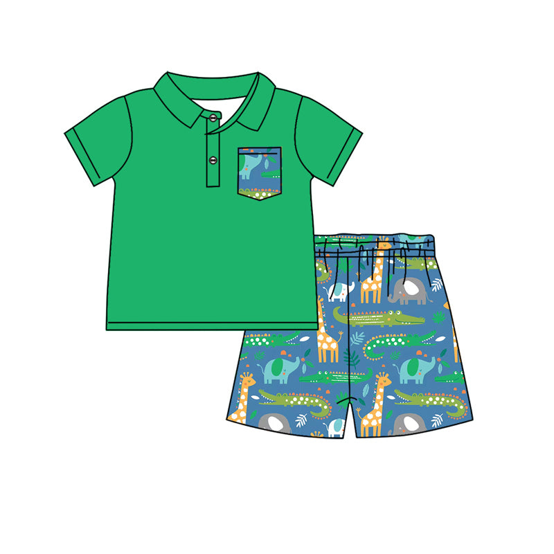 Preorder (moq 5)Baby Boys Green Pocket Top Giraffe Shorts Clothes Sets