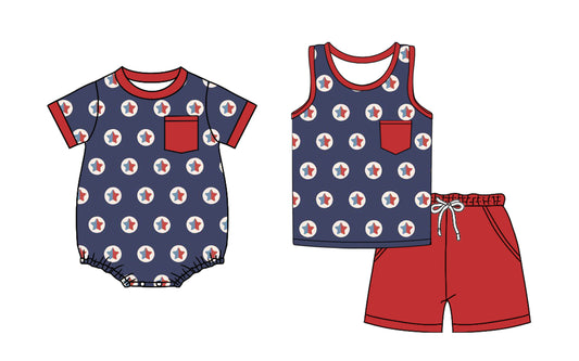 Preorder moq 5 Custom Baby Boys Navy Red Stars Pocket Top Short 4th Of July Set Romper