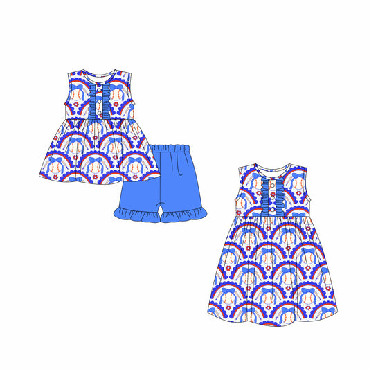 Preorder moq 5 Custom Baby Girls Button Blue Bow Baseballs Tunic Ruffle Short Set Knee Length Dresses