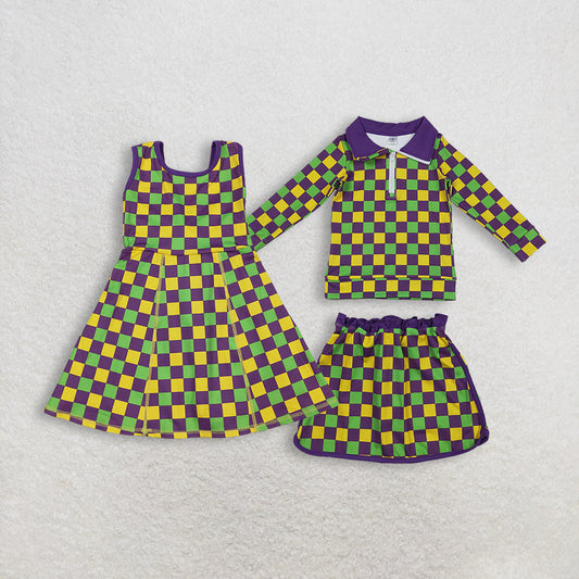 Sibling Baby Girls Mardigras Checked Yoga Active Shorts Knee Length Dress Skorts Clothes Sets
