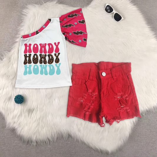 Baby Boys One Shoulder Howdy Flowers Top Red Pockets Denim Shorts Sets