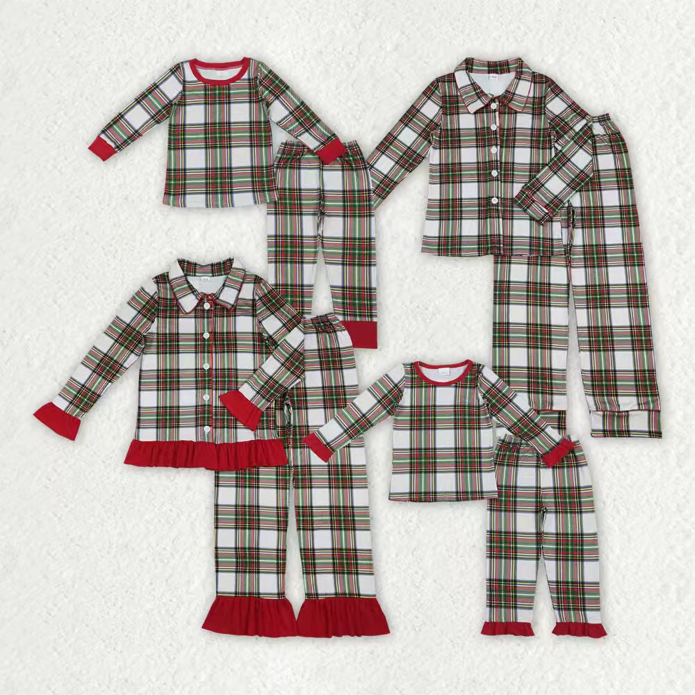 Family Adult Kids Green Red Checked Christmas Pants Pajamas Sets