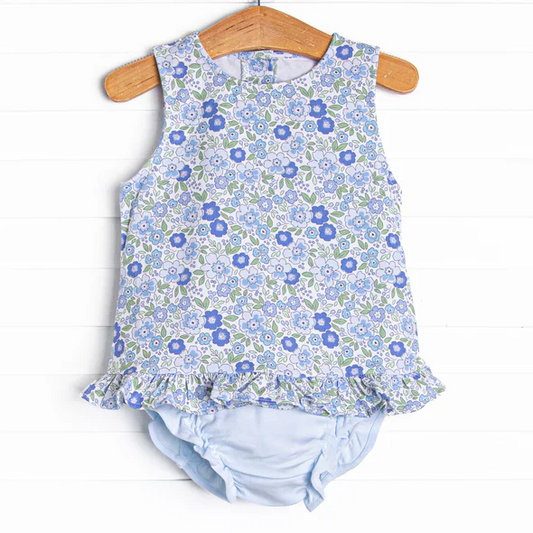 Split Preorder July 24th Baby Girls Sleeveless Blue Flowers Plaid Top Ruffle Bummies Set
