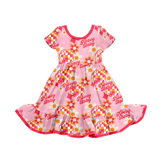 Baby Girls Groovy Flowers Ruffle Pink Knee Length Dresses preorder(moq 5)