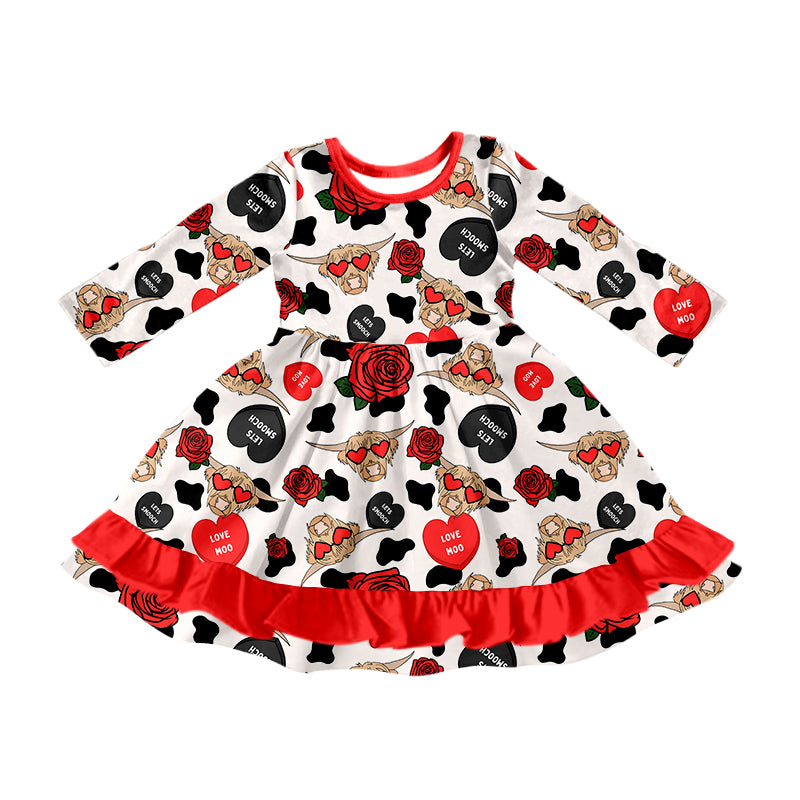 Girls Baby Kids Valentines Highland Cow Ruffle Dresses Clothing preorder(MOQ 5)