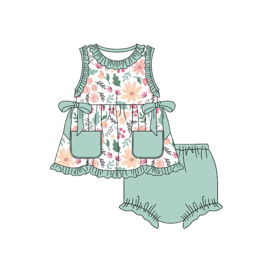 Baby Girls Toddler Green Orange Flowers Bows Tunic Top Bummie Sets preorder(moq 5)