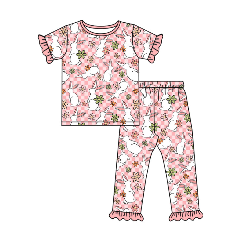 Baby Girls Pink Easter Rabbits Flowers Shirt Top Pants Pajamas Sets preorder(MOQ 5)