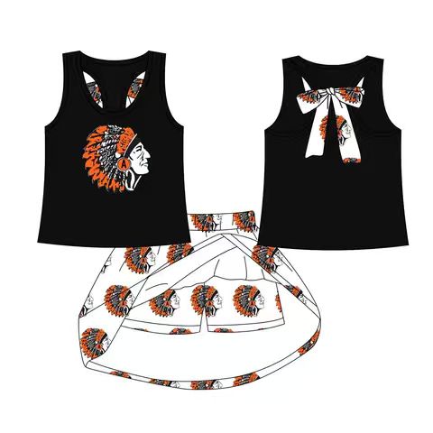Preorder (moq 5)Baby Girls Black Orange India bow vest team Top Skirt Skort Sets