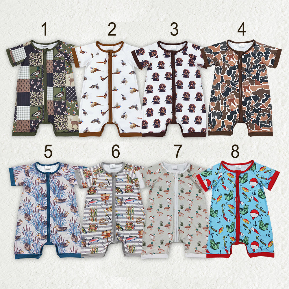 Sibling Baby Boys Hunting Duck Short Sleeve Zip Rompers