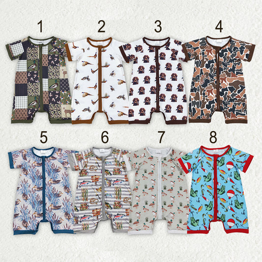 Sibling Baby Boys Hunting Duck Short Sleeve Zip Rompers