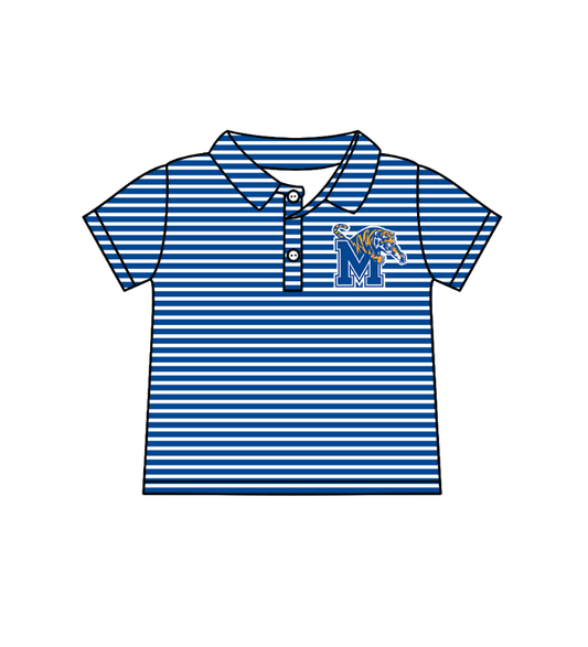 Preorder (moq 5)Baby Boys Short Sleeve Blue Stripe M Tiger Team Button Polo Shirts Top