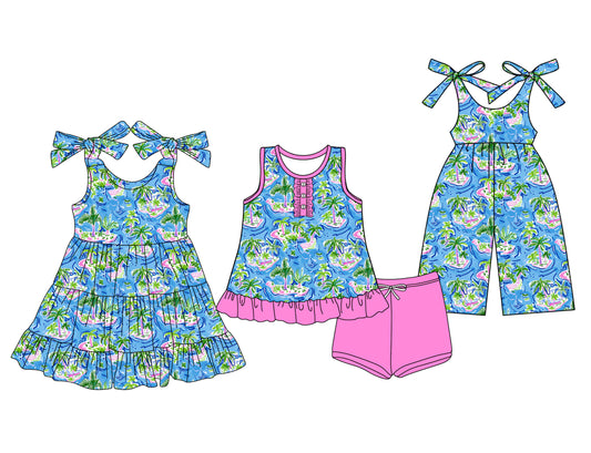 Preorder moq 5 Custom Baby Girls Watercolor Beach Trees Button Tunic Pink Short Set Knee Length Dress Jumpsuits