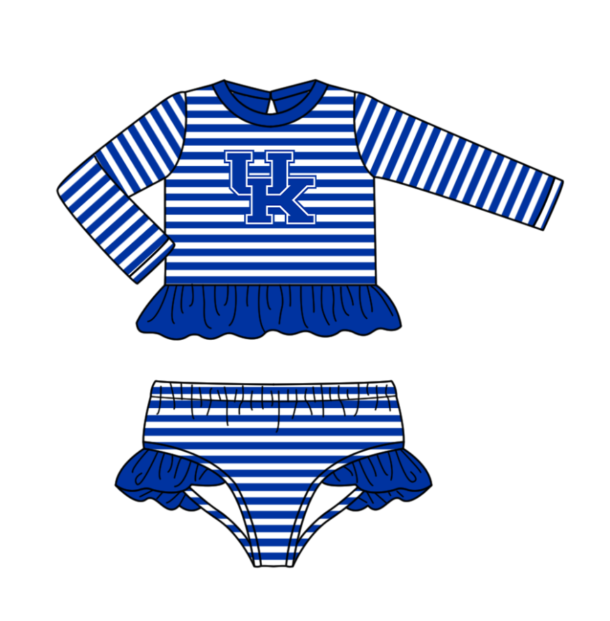 Preorder (moq 5)Baby Girls Blue Stripe UK Ruffle Top Bummies Team 2 Piece Swimsuits