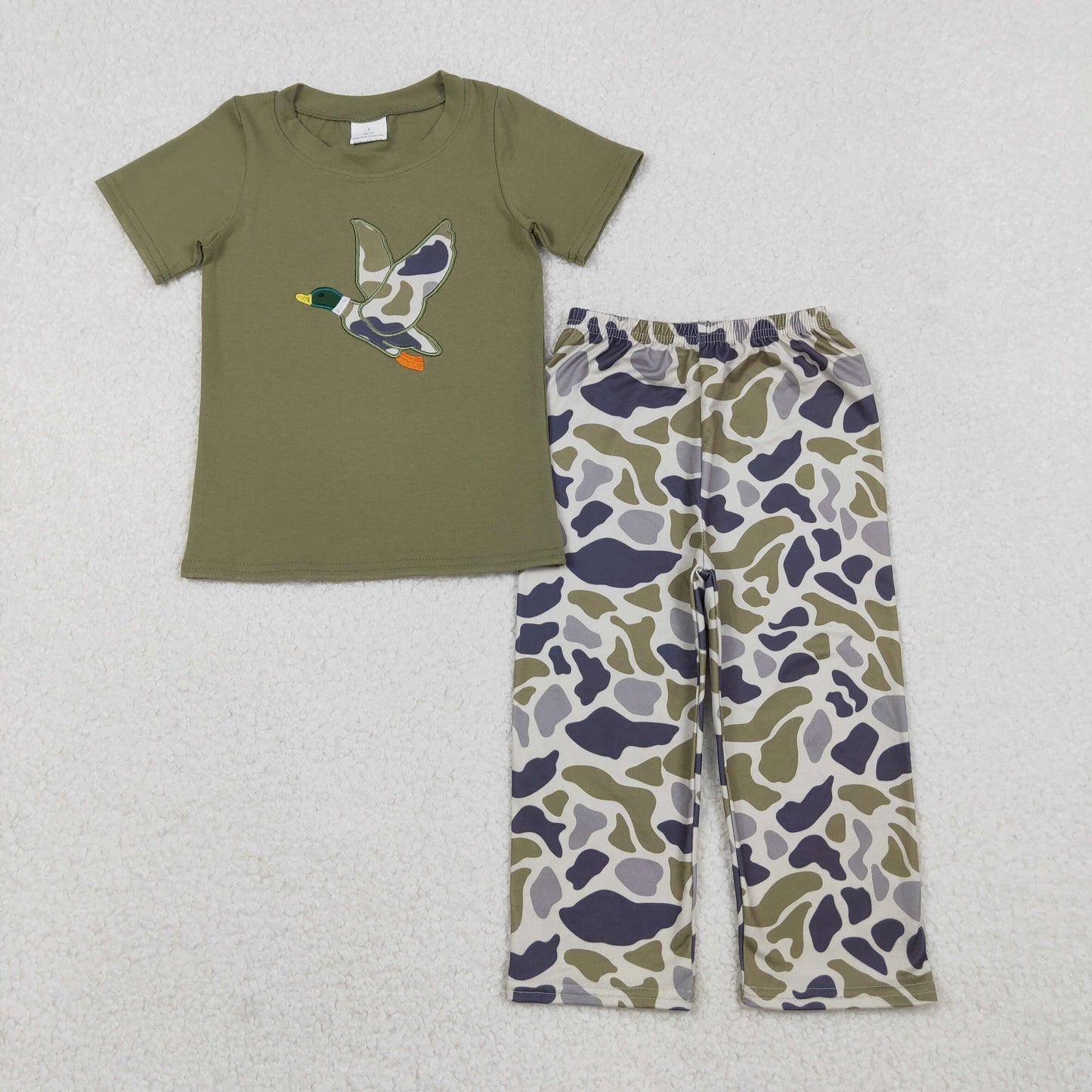 Embroidery Camo Duck Baby Boys Green Top Flare Pant Hunting Set
