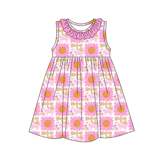 Preorder (moq 5)Baby Girls Hot Pink Sleeveless Dogs Floral Knee Length Dresses
