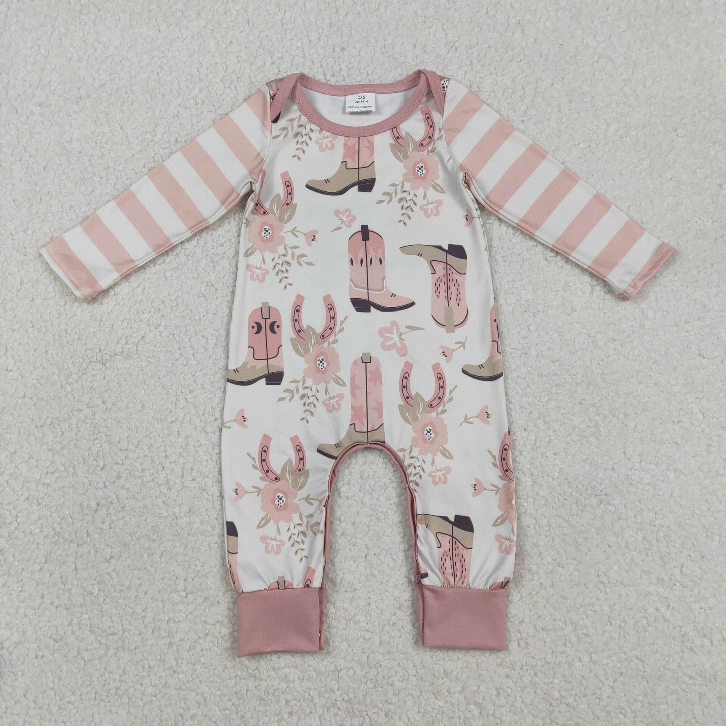 Baby Girls Pink Boots Flowers Western Footie Rompers