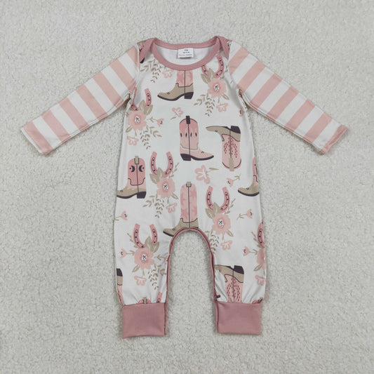 Baby Girls Pink Boots Flowers Western Footie Rompers