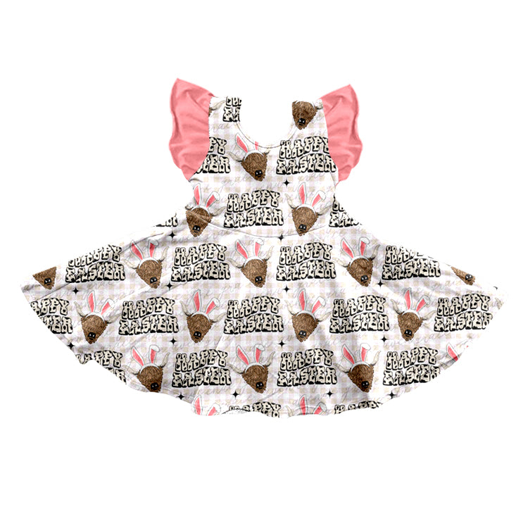 Baby Girls Happy Easter Highland Cow Knee Length Dresses preorder(moq 5)