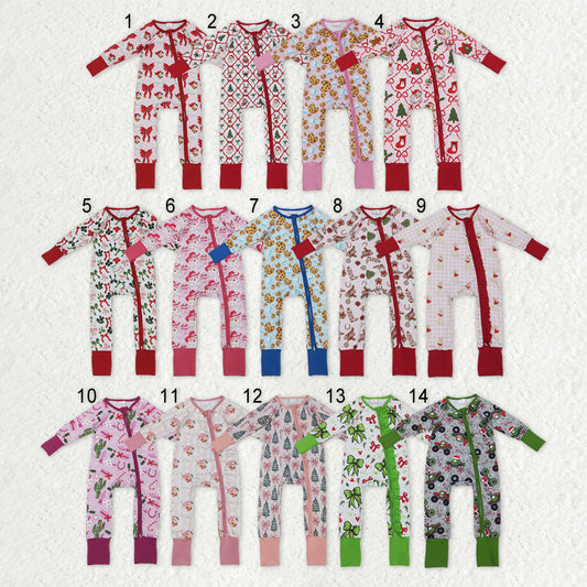Sibling Baby Kids Holly Bows Santa Christmas Two Way Zip Convertible Rompers