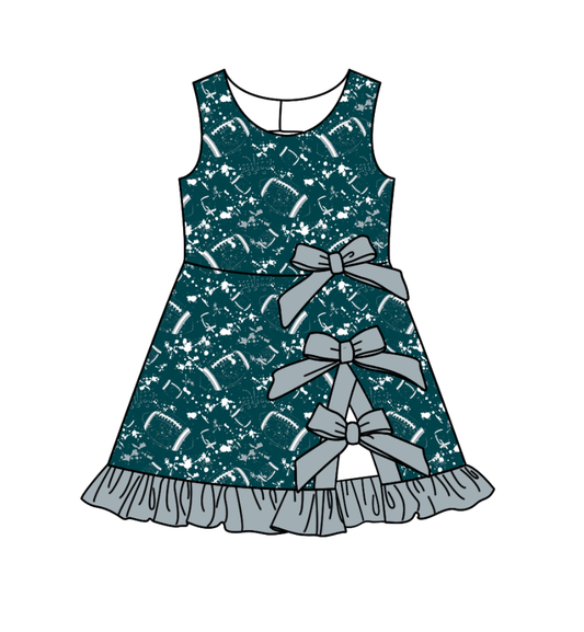 Preorder (moq 5)Baby Girls Tie-dye Footballs Print Team Bows Shorts Knee Length Dress