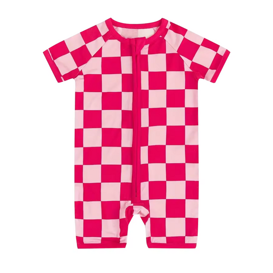 Baby Infant Girls Pink Checkered Short Sleeve Zip Rompers preorder(moq 5)