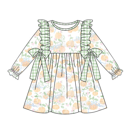 Baby Girls Green Pumpkin Bows Knee Length Dresses Preorder(moq 5)