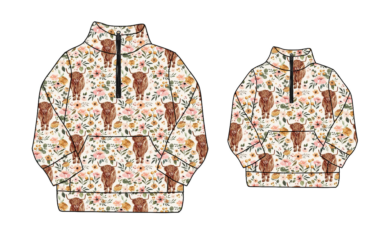 Preorder(moq 5)Mama and Me Long Sleeves Floral Highland Cows Pocket Zipper Pullovers Top