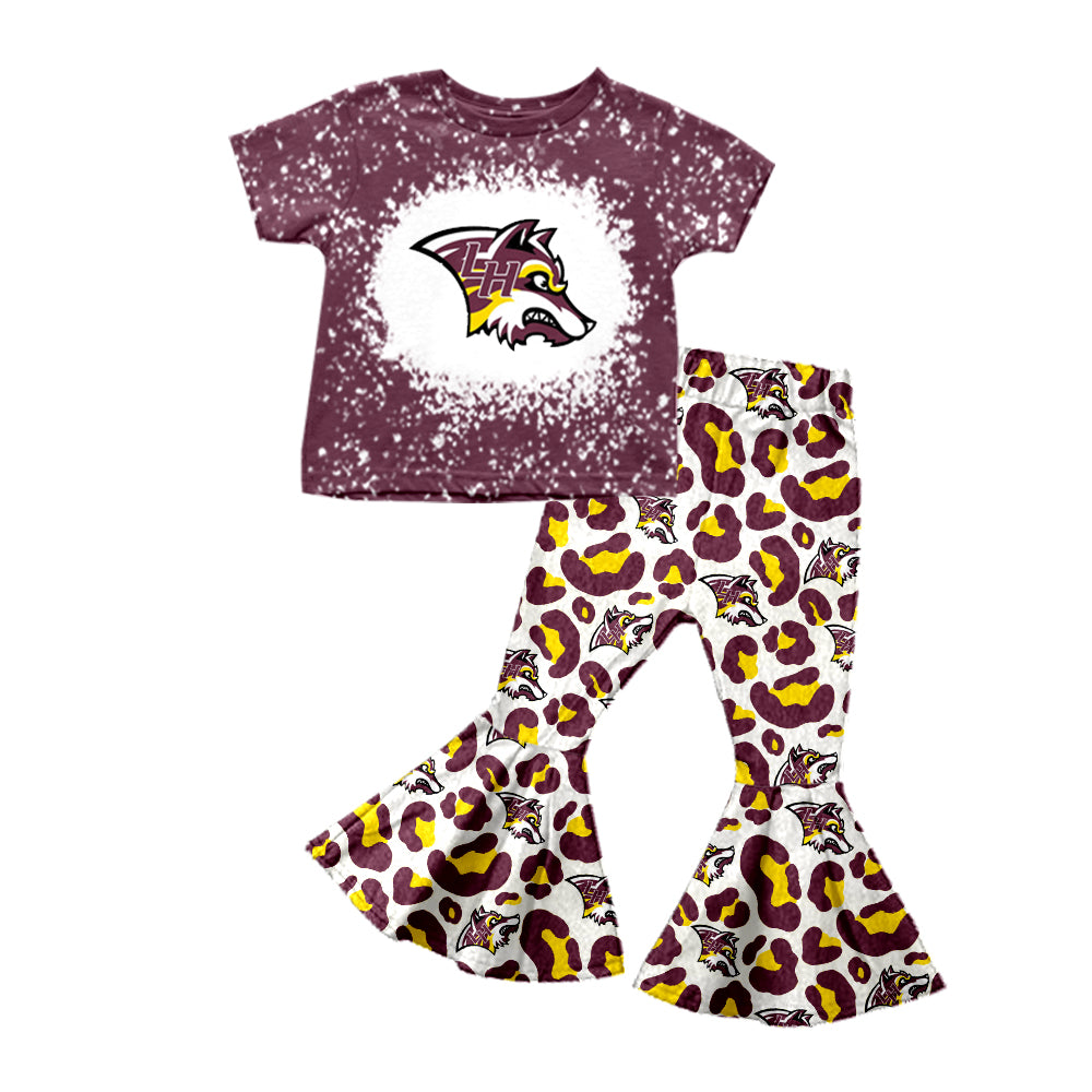 Preorder moq 5 Baby Girls LH Team Shirt Top Leopard Bell Pants Clothes Sets