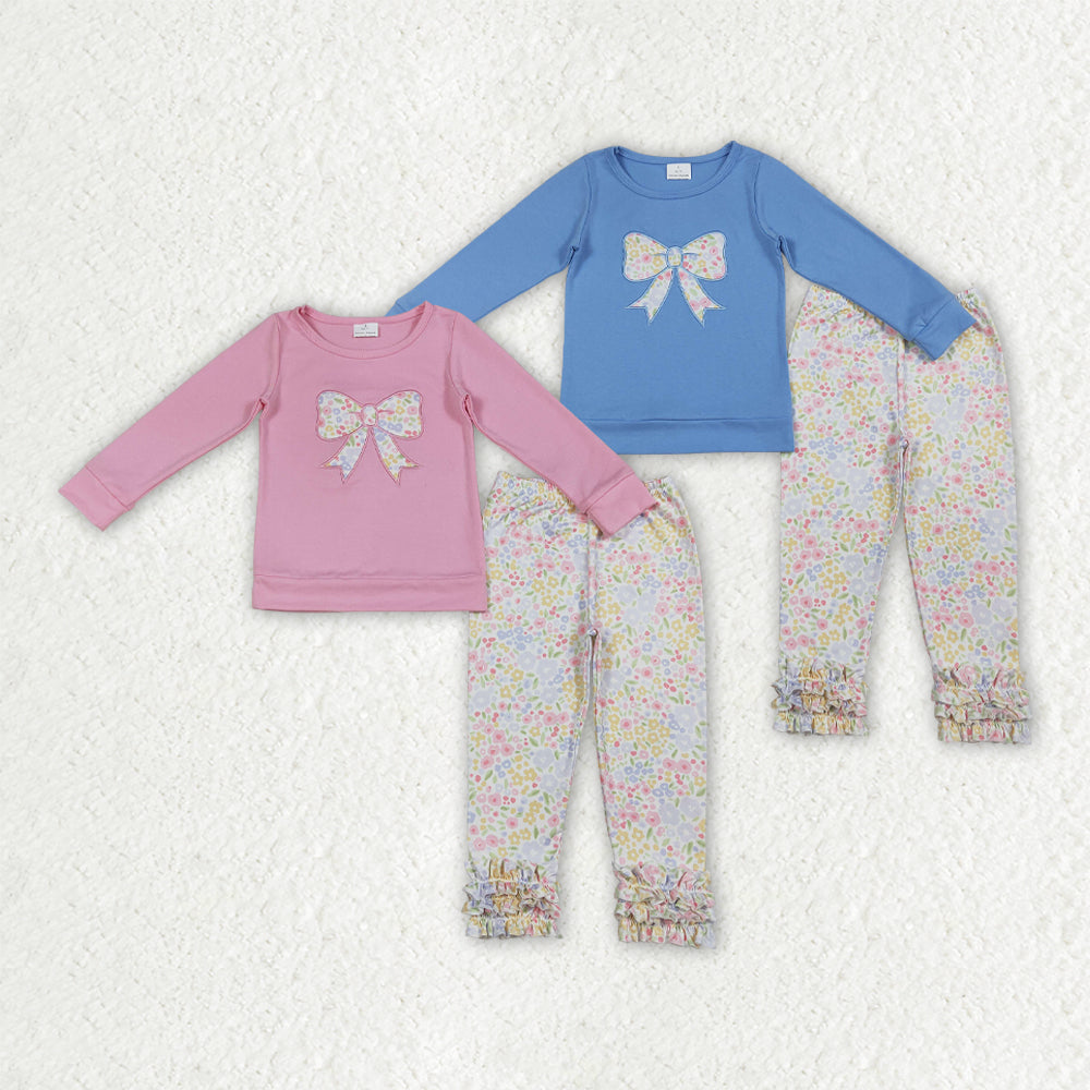 Sibling Baby Girls Embroidery Floral Bows Top Ruffle Pant Clothes Sets